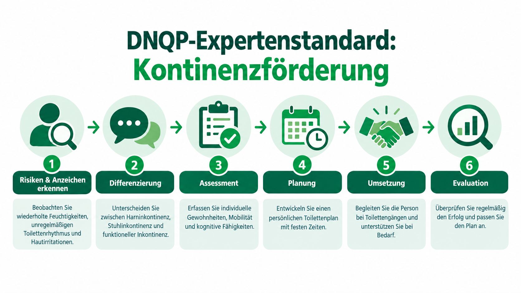 Eine Infografik zum DNQP-Expertenstandard Kontinenzförderung mit sechs Schritten von der Risikenerkennung bis zur Evaluation.
