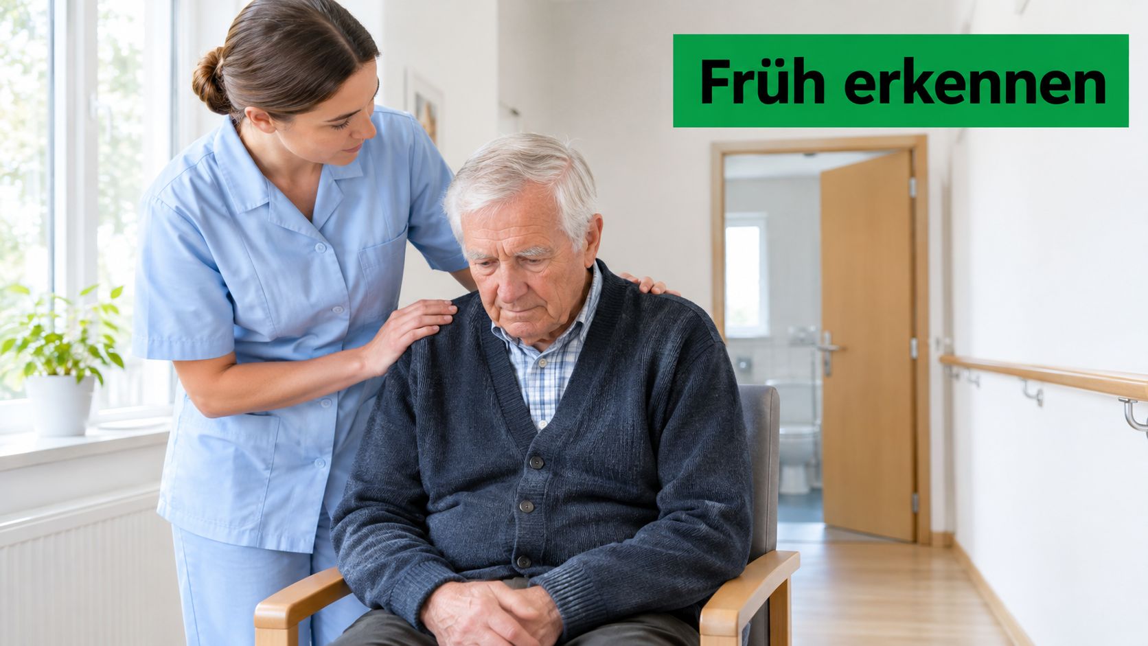 Eine Pflegekraft legt einer älteren Person, die besorgt auf einem Stuhl sitzt, unterstützend die Hand auf.