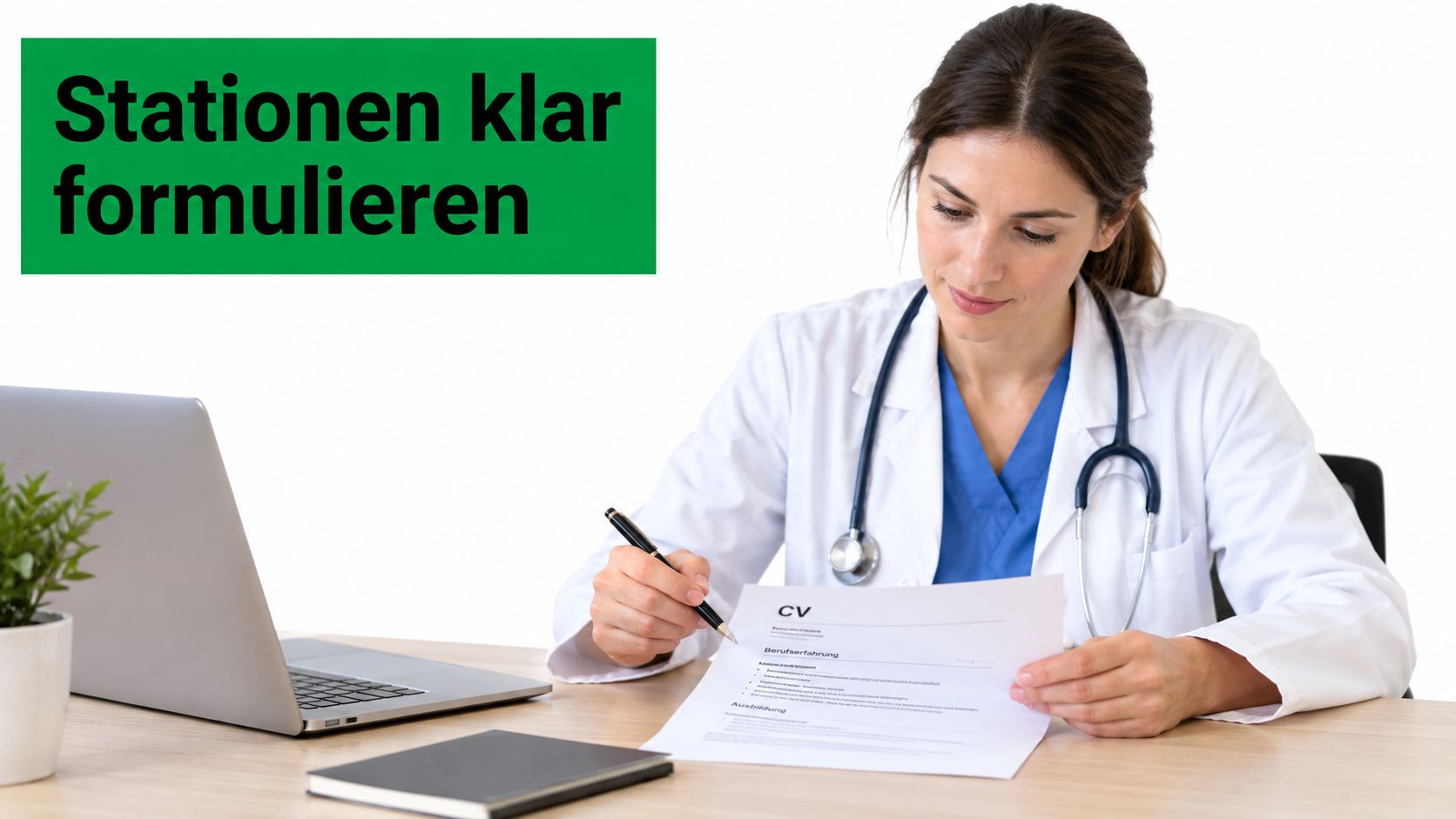 Eine Ärztin in weißem Kittel liest konzentriert einen Lebenslauf an ihrem Schreibtisch mit Laptop und Notizbuch.