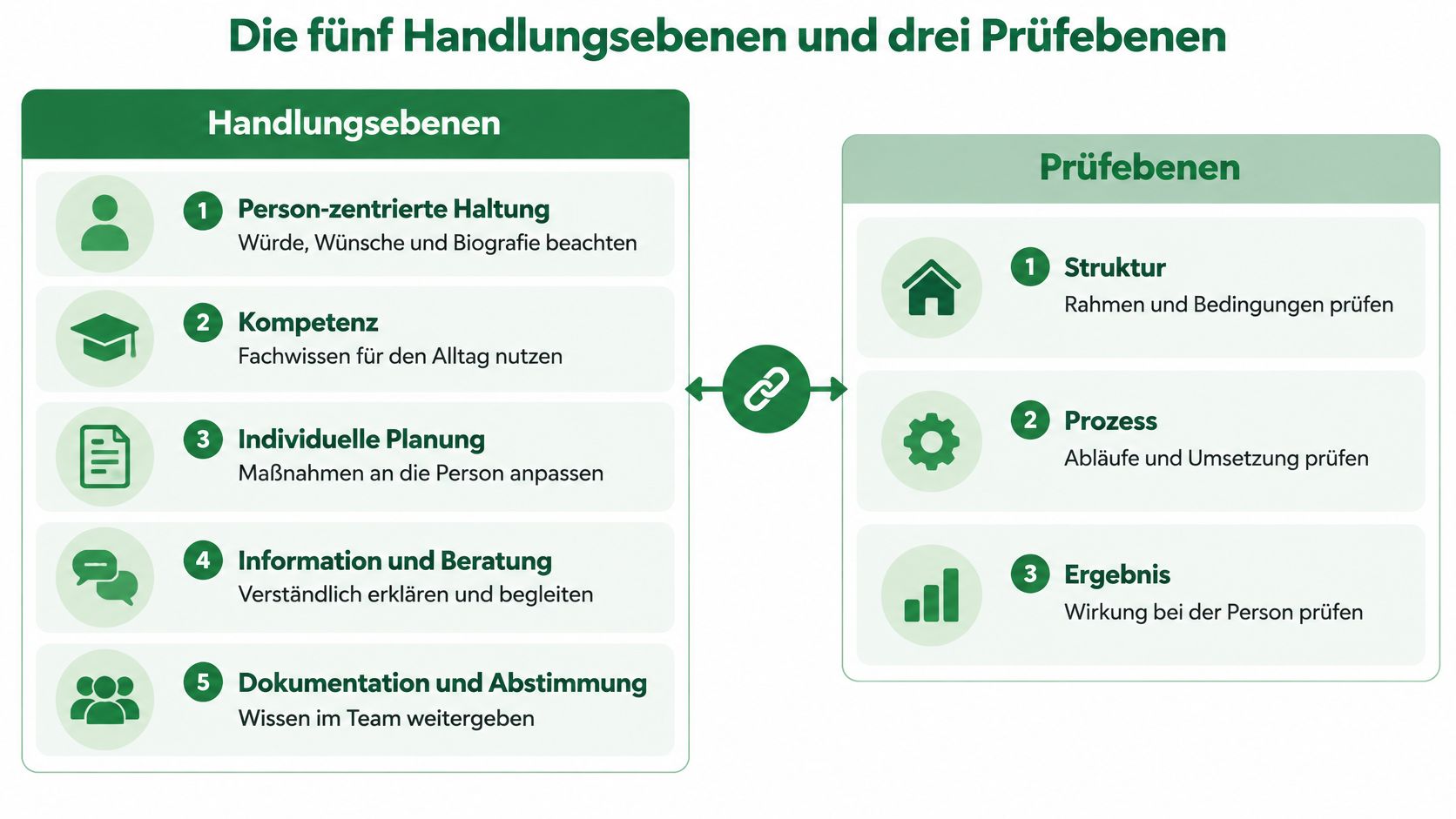 Übersichtsgrafik zu den fünf Handlungsebenen und drei Prüfebenen für eine professionelle, personenzentrierte Pflege und Betreuung.