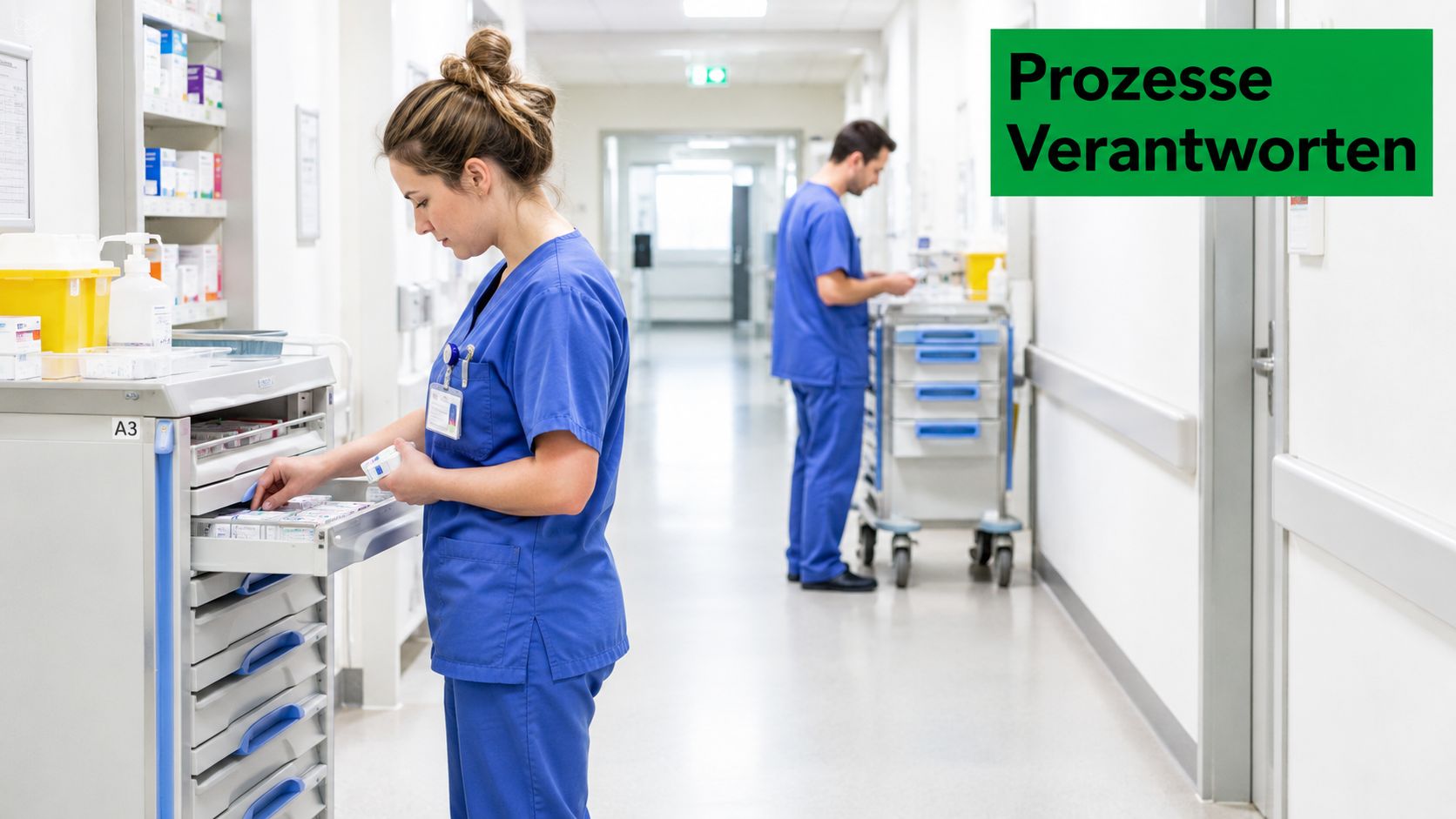 Zwei in blauer Arbeitskleidung gekleidete Pflegekräfte bereiten Medikamente auf einem Stationsflur im Krankenhaus für die Patienten vor.