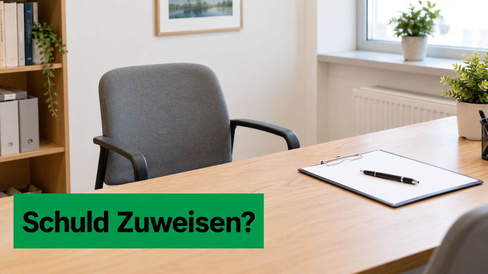 Ein leerer Arbeitsplatz im Büro mit einem Schreibtisch, einem Stuhl und einer Klemmbrett-Unterlage für Dokumente.