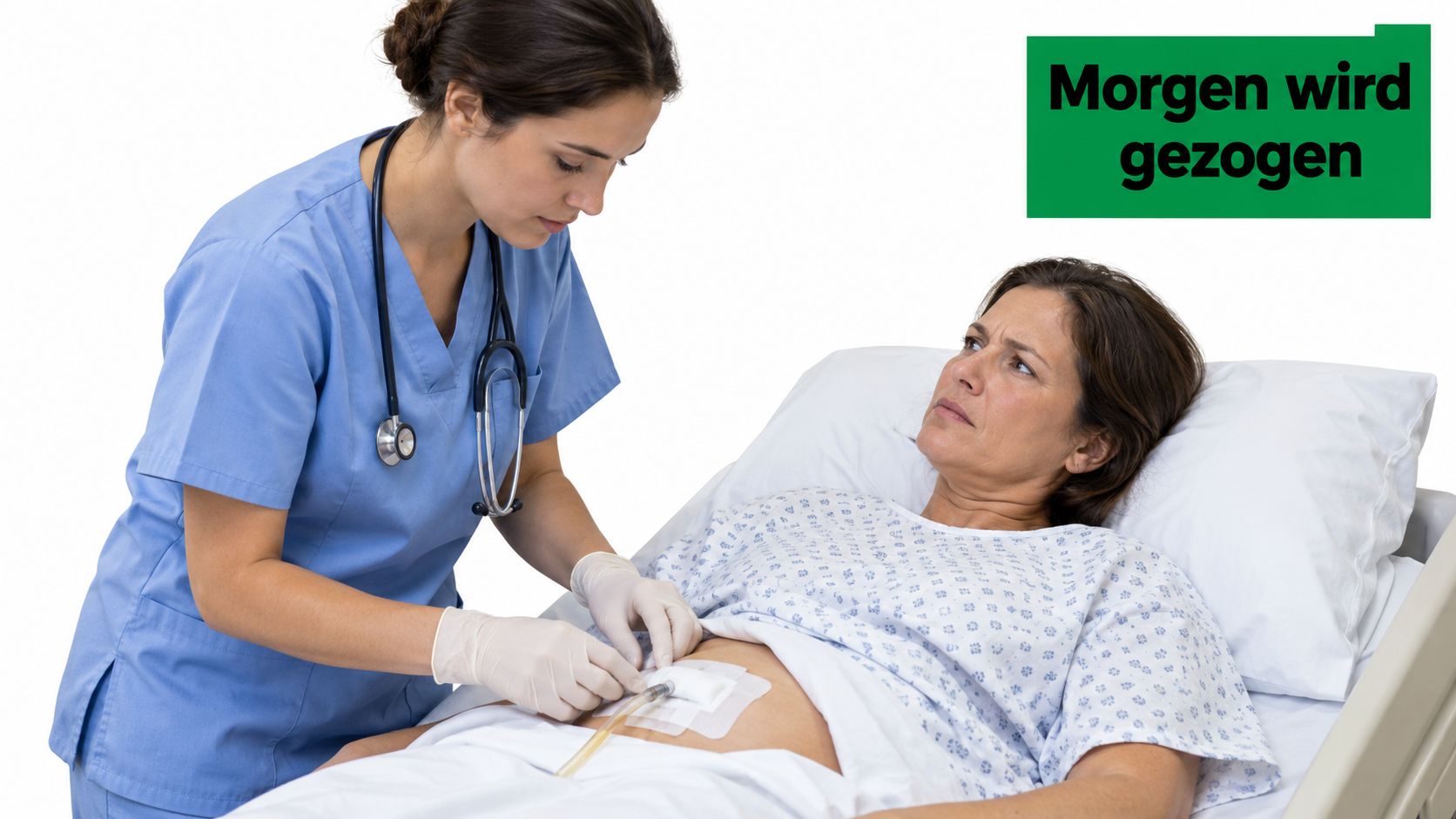 Eine Krankenschwester bereitet eine Drainage am Bauch einer Patientin im Krankenhausbett für den morgigen Tag vor.