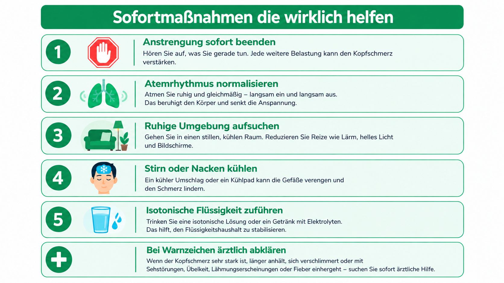 Eine Infografik mit sechs Sofortmaßnahmen zur Linderung von Kopfschmerzen, inklusive Verhaltensregeln und Hinweisen für ärztliche Hilfe.