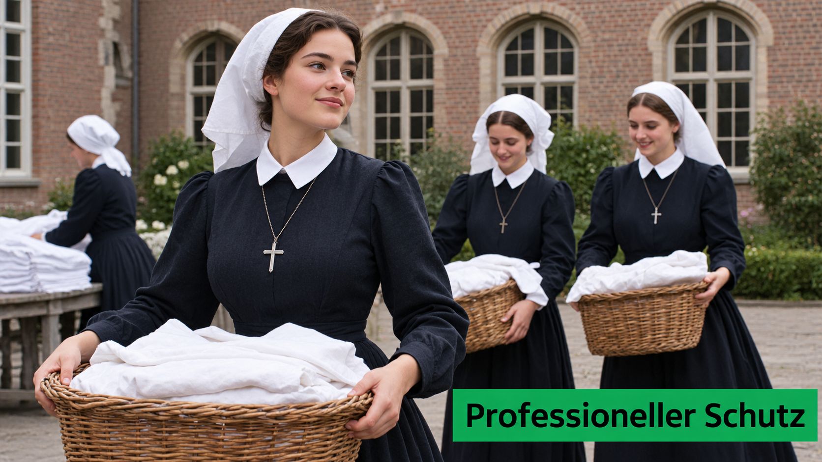 Mehrere junge Frauen in traditioneller schwarzer Nonnenkleidung tragen geflochtene Körbe mit weißer Wäsche im Innenhof eines Klosters.