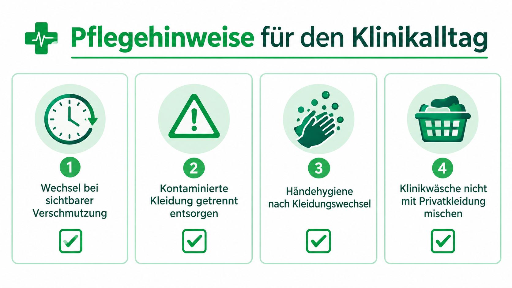Infografik mit vier wichtigen Pflegehinweisen für Arbeitskleidung im Krankenhausalltag, dargestellt mit grünen Symbolen und erklärendem Text.