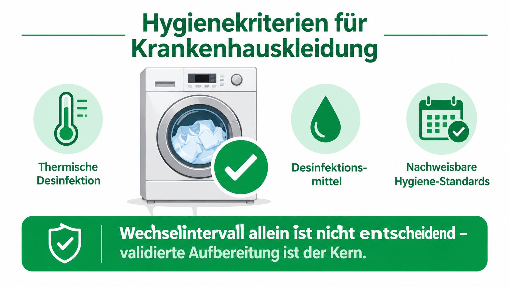 Grafik zeigt wichtige Hygienekriterien für die professionelle Aufbereitung von Arbeitskleidung im Krankenhaus mit Fokus auf validierte Waschverfahren.