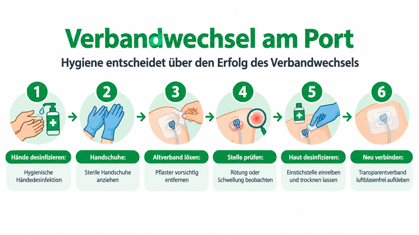 Eine sechs-schrittige Anleitung zum hygienischen Verbandwechsel am Port für Patienten und medizinisches Personal.