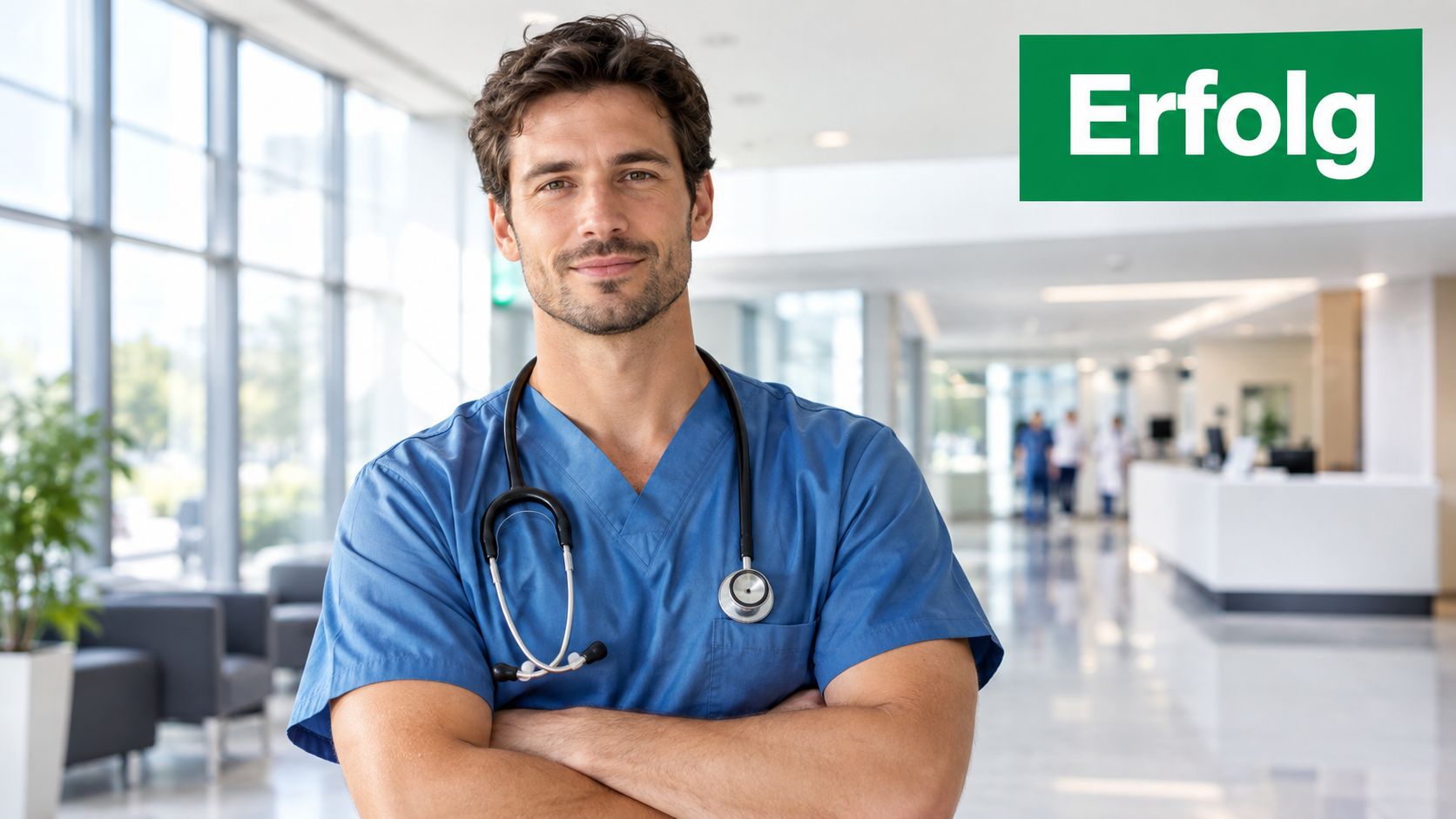 Ein männlicher Arzt in blauer Arbeitskleidung mit einem Stethoskop um den Hals steht in einem Krankenhausflur.