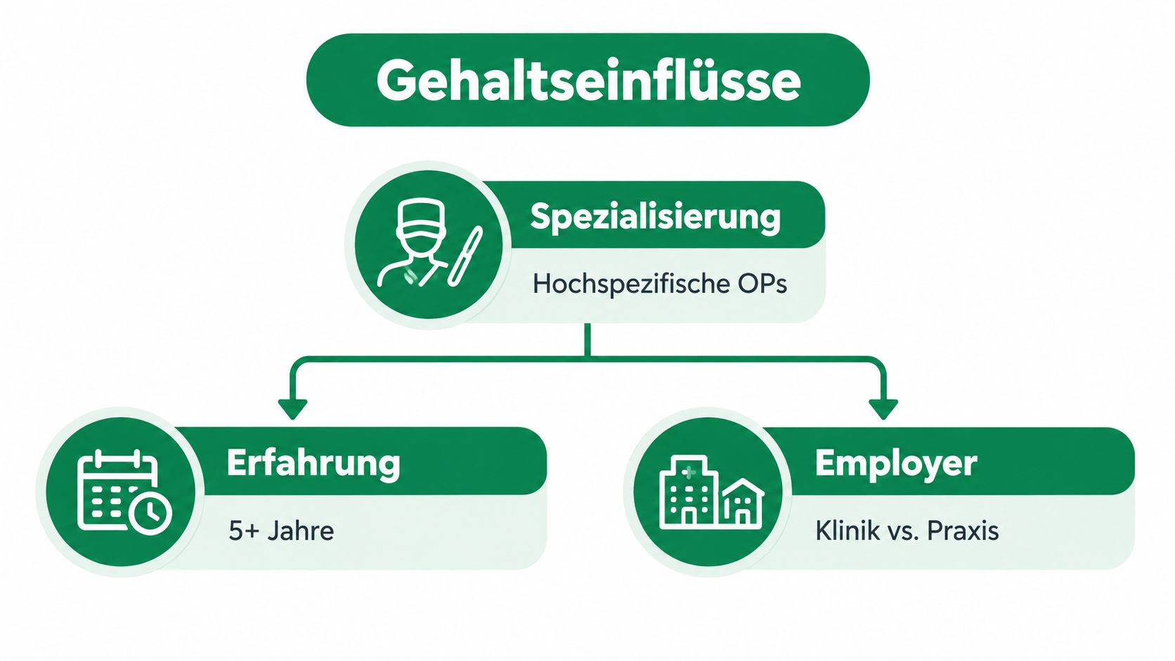 Eine Infografik, die die Faktoren für das Gehalt eines Chirurgen wie Spezialisierung, Erfahrung und Arbeitgeber veranschaulicht.