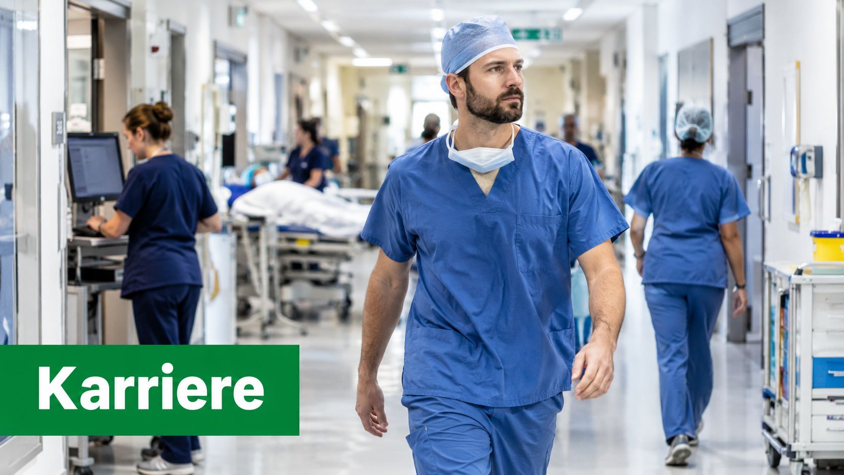 Ein männlicher Chirurg in blauer OP-Kleidung geht fokussiert durch einen hellen Krankenhausflur mit medizinischem Personal.