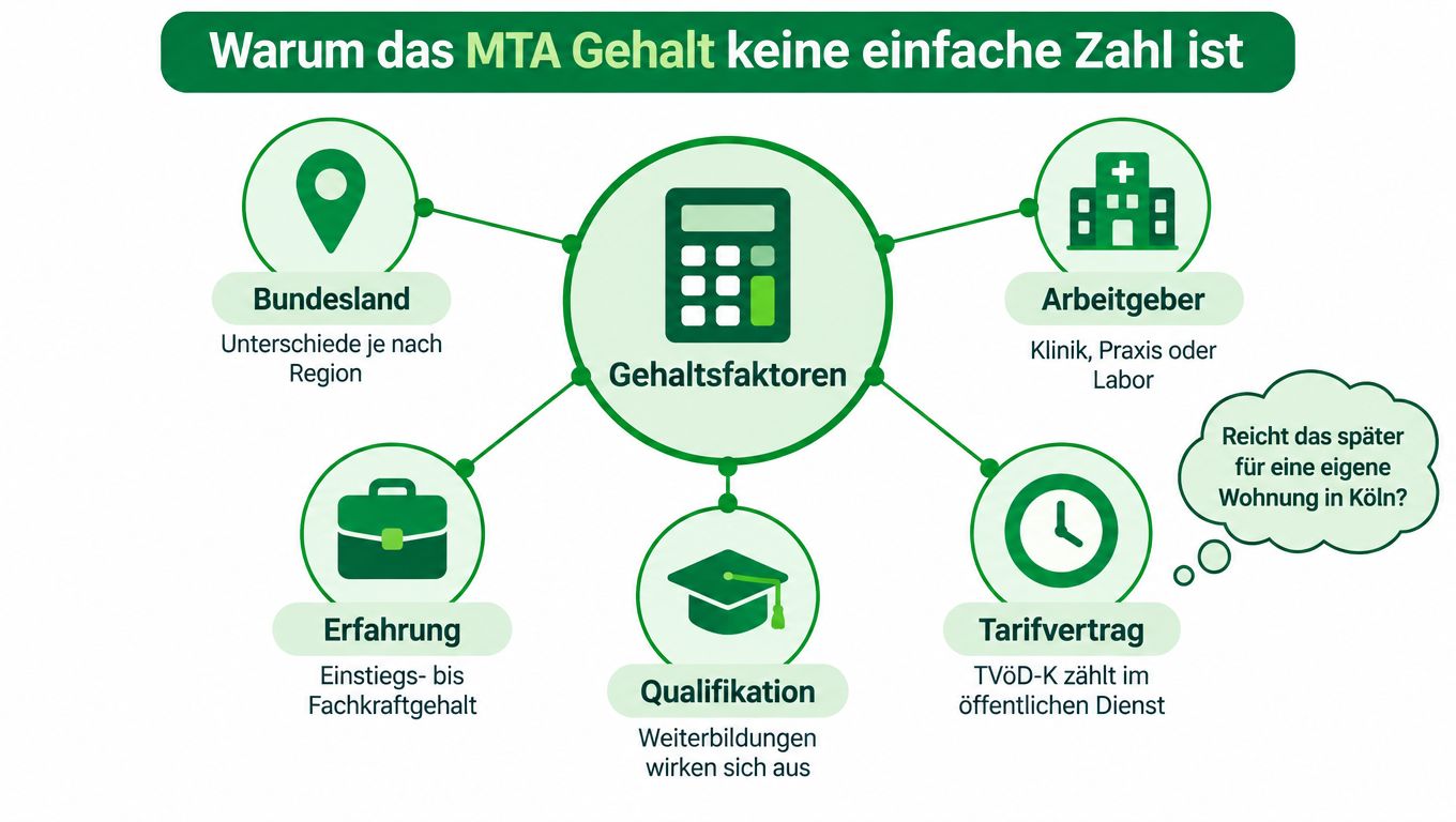 Eine Infografik erklärt, welche Faktoren wie Bundesland, Arbeitgeber und Erfahrung das Gehalt einer medizinisch-technischen Assistentin beeinflussen.