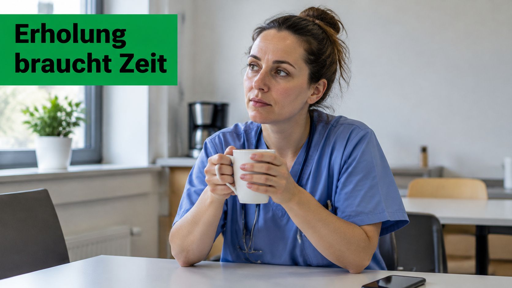 Eine Krankenschwester macht in blauer Arbeitskleidung eine Pause und trinkt nachdenklich eine Tasse Kaffee am Tisch.