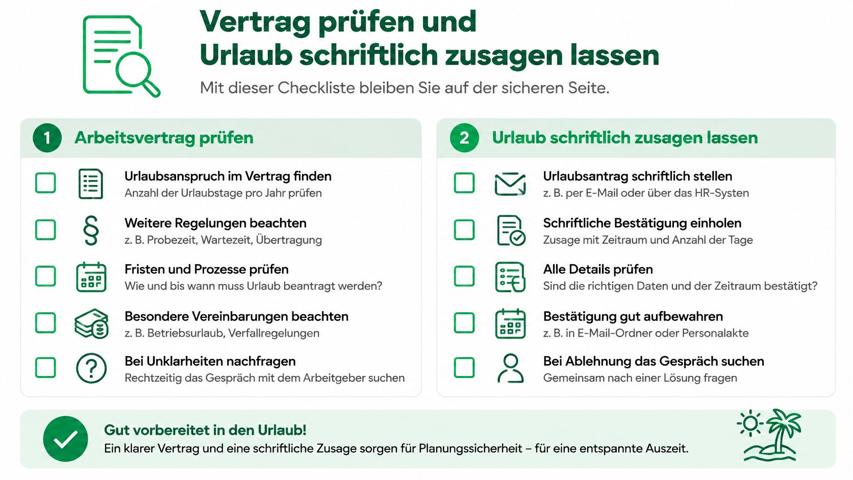 Eine Checkliste in zwei Schritten zur Prüfung des Arbeitsvertrags und zur schriftlichen Beantragung von Urlaub bei Arbeitgebern.