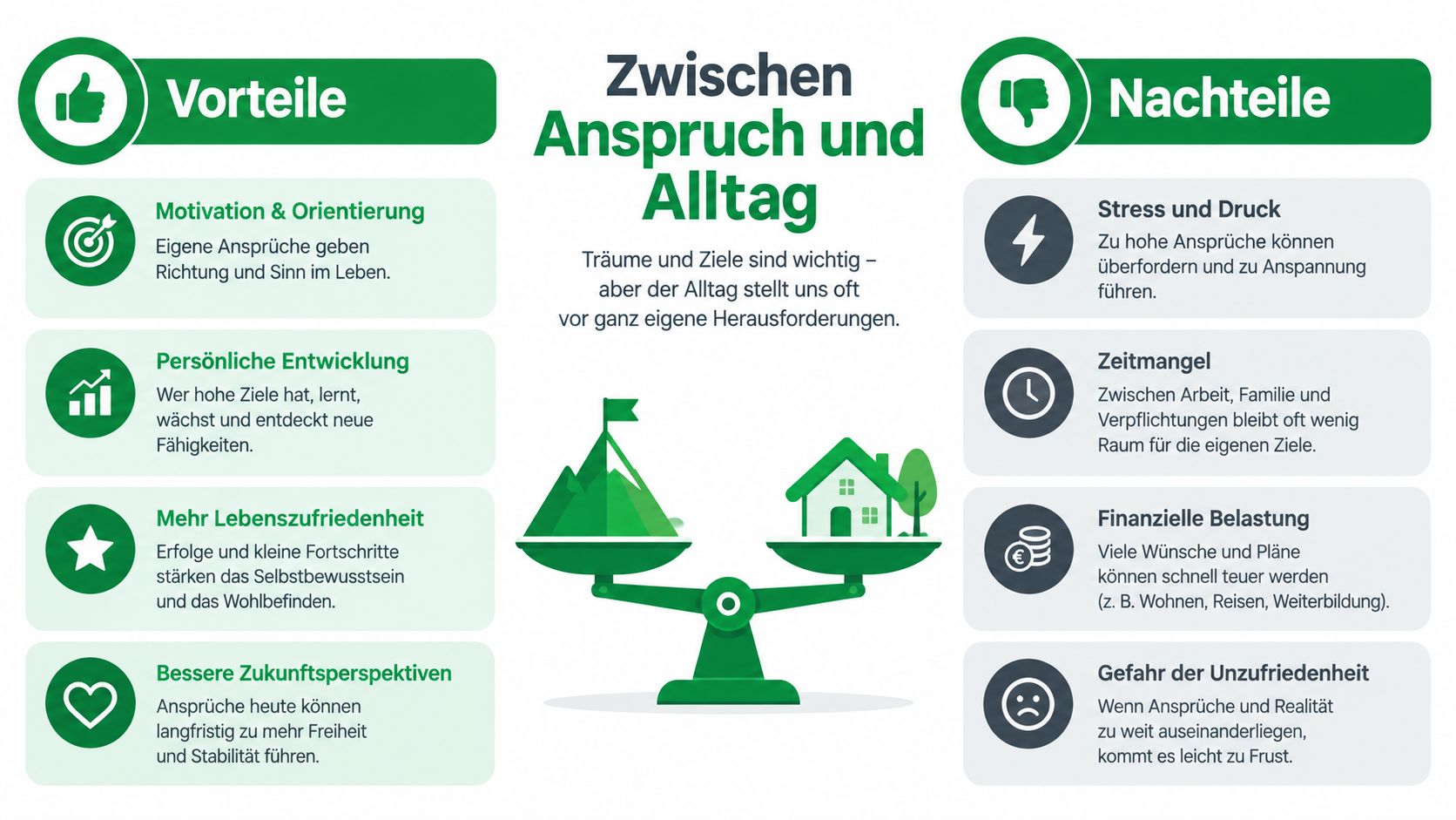 Eine Infografik über die Balance zwischen persönlichen Zielen und den Herausforderungen des täglichen Alltags mit Vor- und Nachteilen.