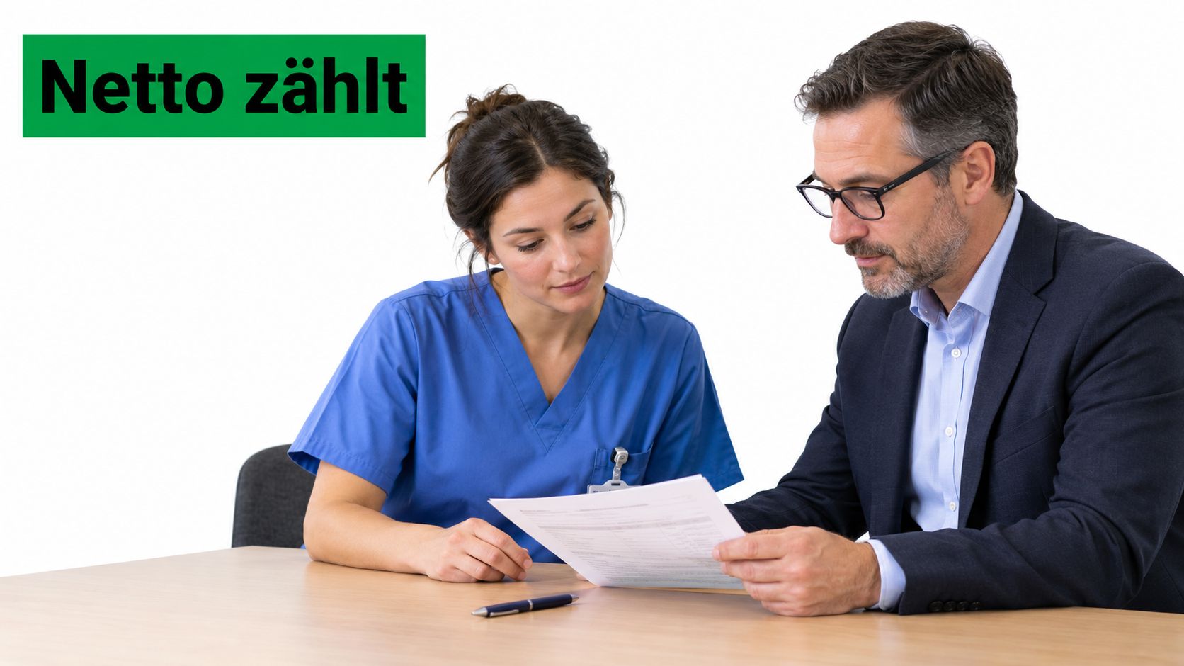 Eine Pflegekraft und ein Berater im Anzug besprechen gemeinsam wichtige Unterlagen an einem hellen Holztisch.