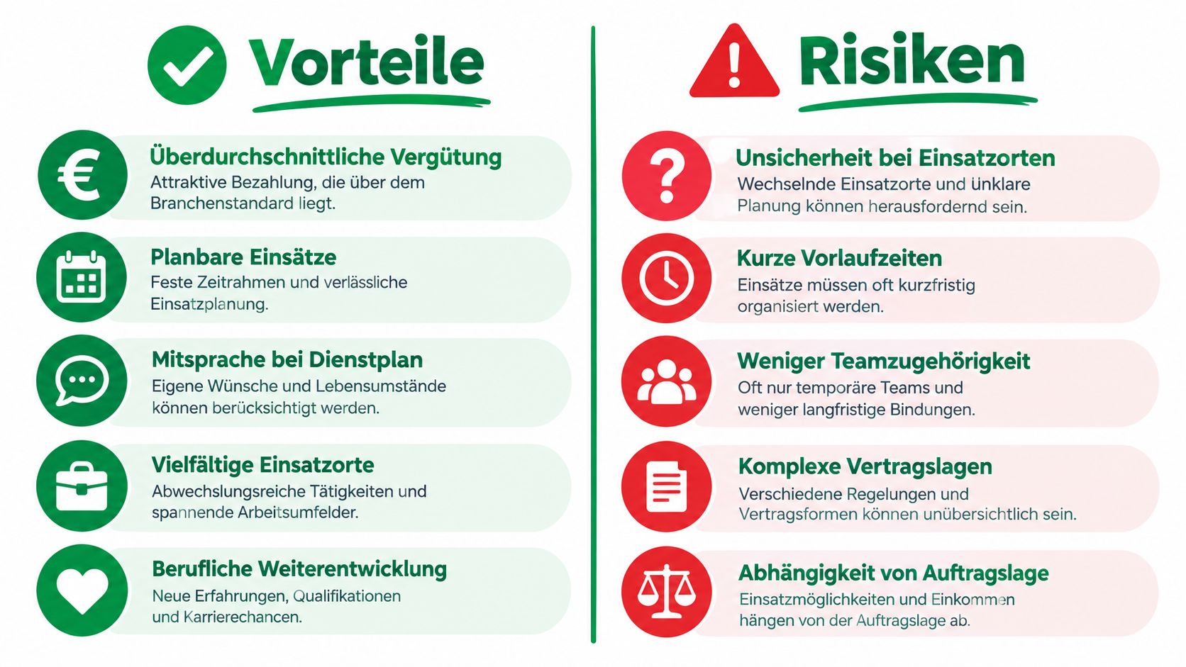 Eine Infografik mit Gegenüberstellung der Vorteile und Risiken bei der Zeitarbeit für Pflegekräfte in Deutschland.