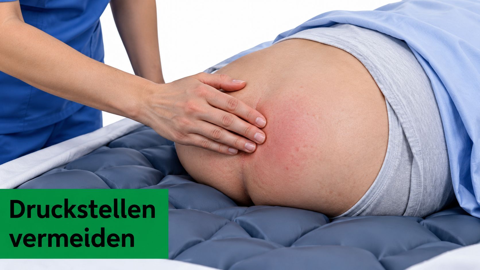 Eine Pflegekraft untersucht die gerötete Gesäßpartie einer auf einer speziellen Anti-Dekubitus-Matratze liegenden Person zur Druckstellenprävention.