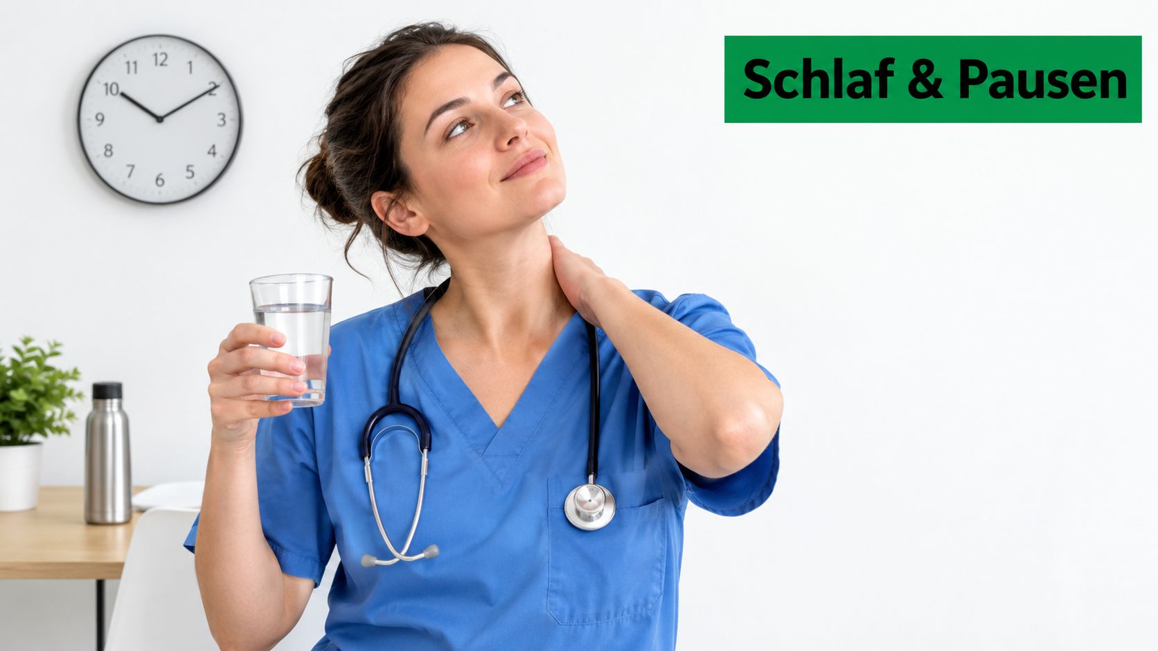 Eine erschöpfte Krankenschwester hält ein Glas Wasser und berührt ihren Nacken in einem Büro vor einer Wanduhr.