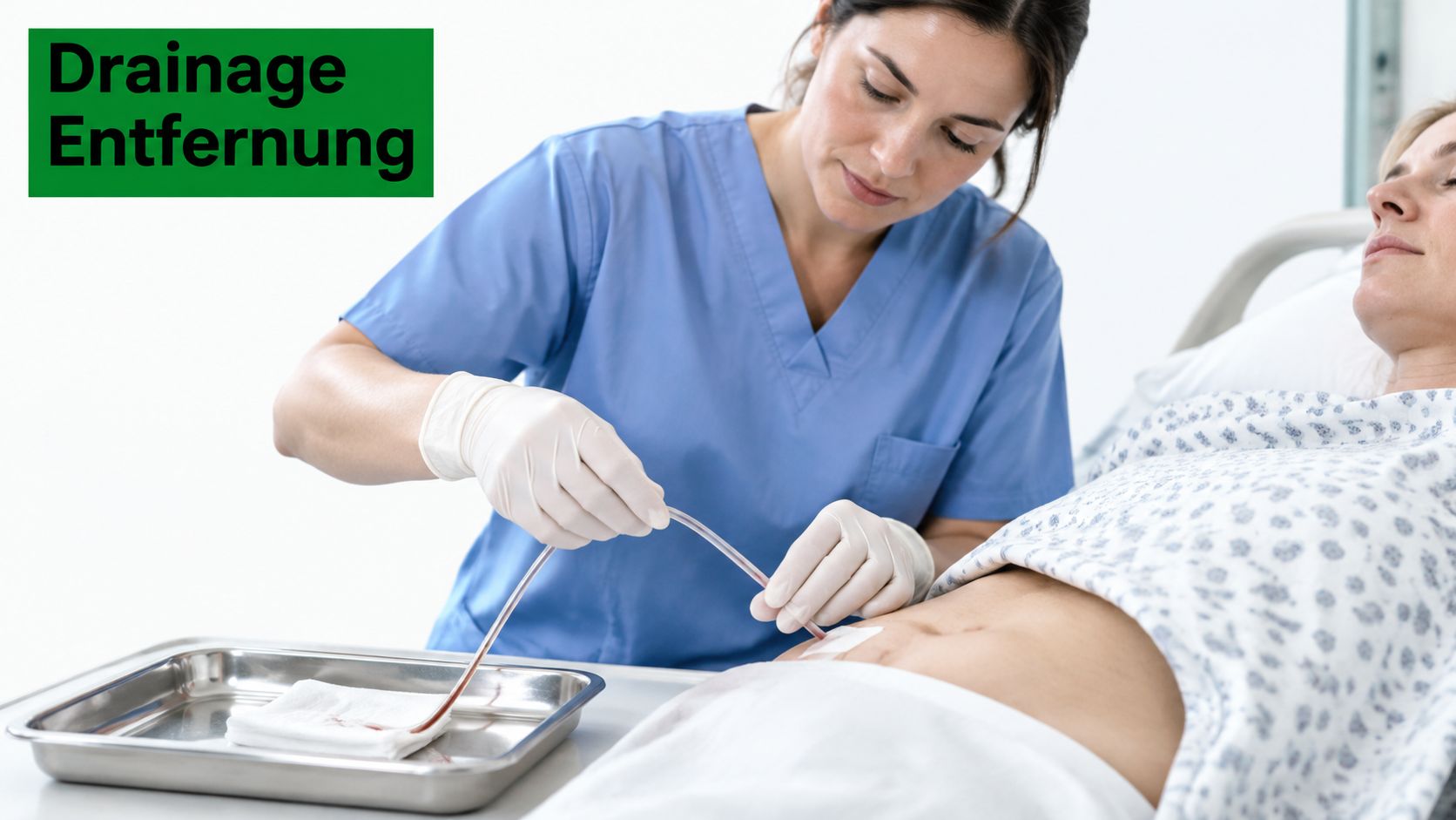 Eine Krankenschwester entfernt vorsichtig eine Redon-Drainage aus der Wunde einer im Krankenhausbett liegenden Patientin.