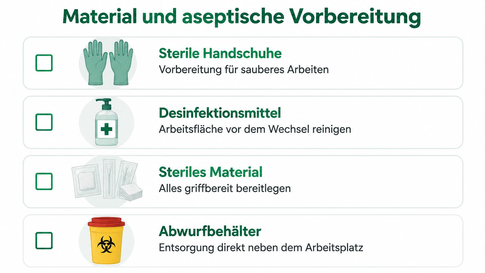 Eine Checkliste für Material und aseptische Vorbereitung beim Wechseln von Redon-Drainagen in einer medizinischen Umgebung.