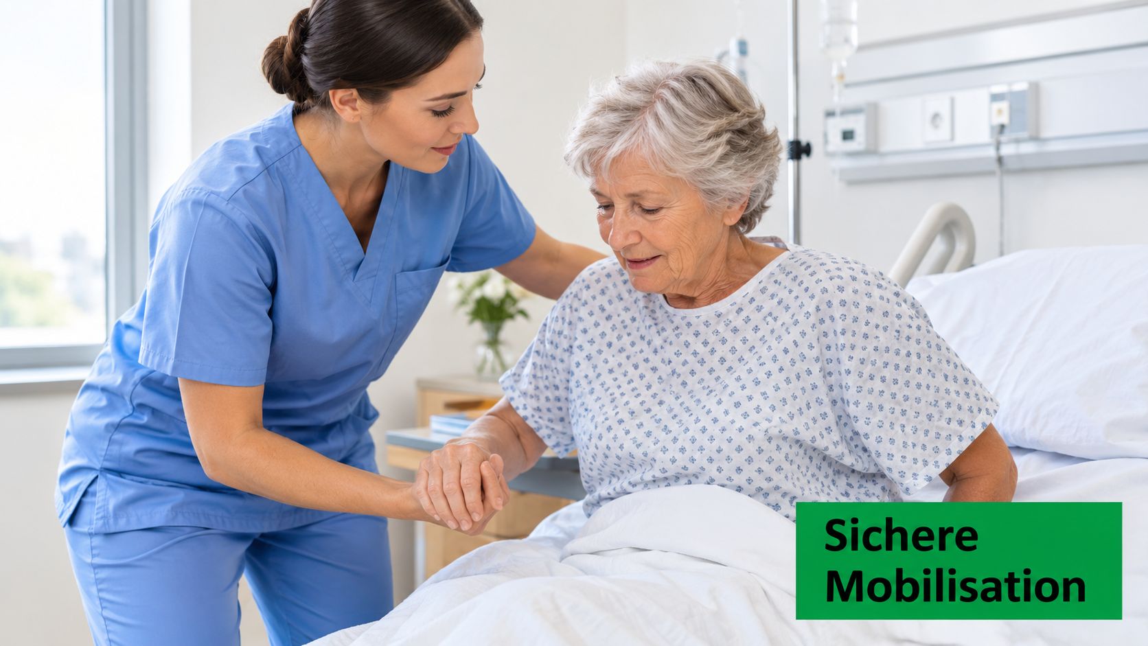 Eine Krankenschwester hilft einer älteren Patientin beim Aufstehen aus dem Krankenhausbett für eine sichere Mobilisation.