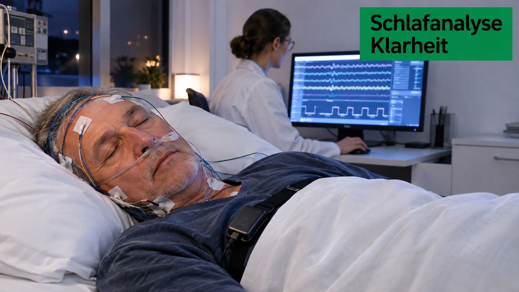 Ein älterer Mann mit Schlaflabor-Sensoren schläft in einem Krankenhausbett, während eine medizinische Fachkraft die Daten überwacht.