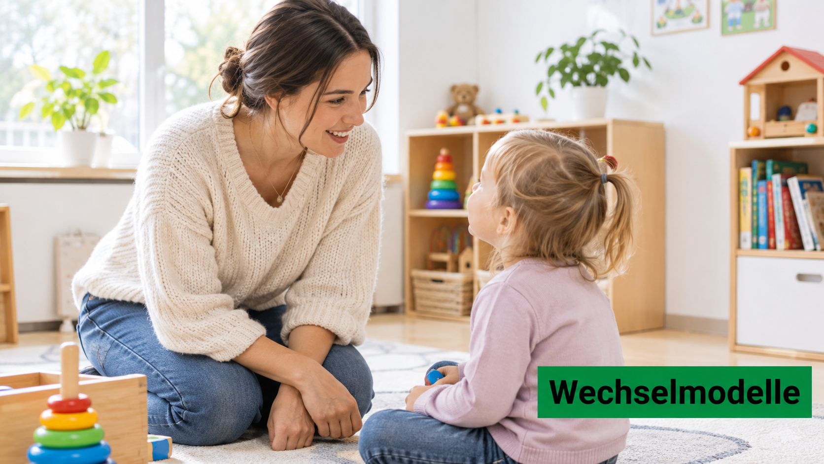 Eine Frau und ein kleines Mädchen sitzen lächelnd auf dem Boden in einem hellen, freundlichen Kinderzimmer.
