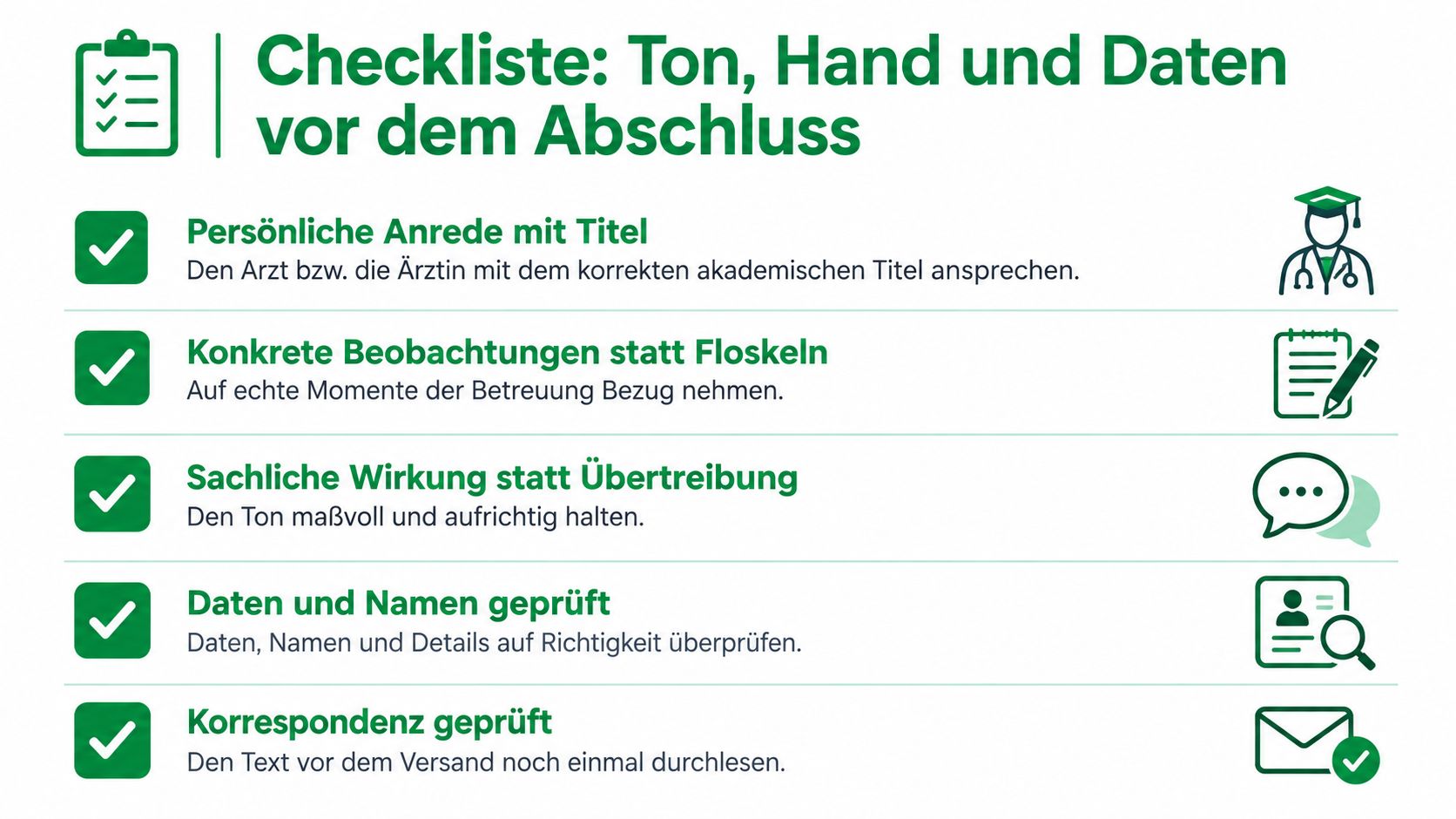 Eine Checkliste für das Dankschreiben an einen Arzt mit Hinweisen zu Anrede, Inhalten, Tonfall und Korrekturlesen.