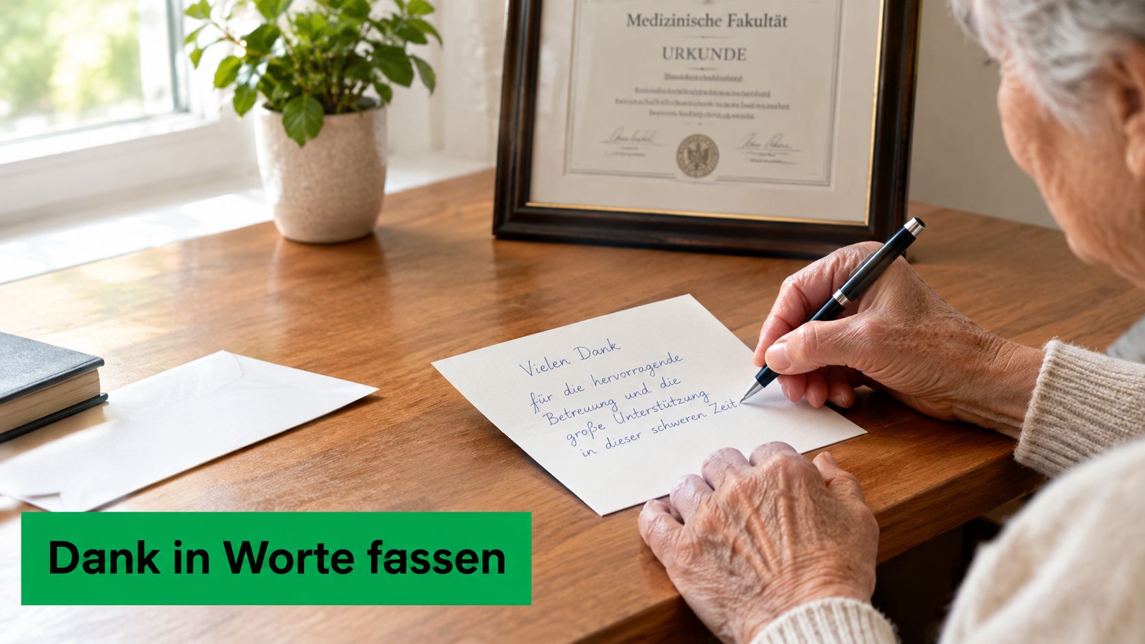 Eine ältere Person schreibt dankbar eine handgeschriebene Notiz auf einer Karte an ihrem hölzernen Schreibtisch.