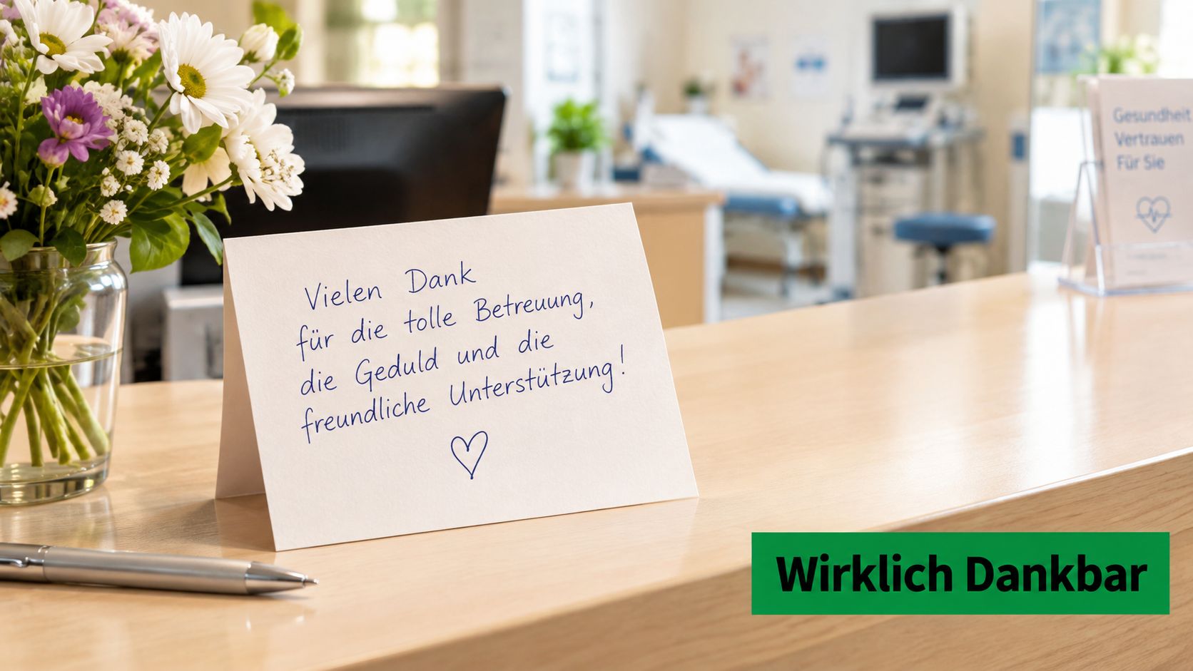 Eine Dankeskarte auf einem Empfangstresen einer Arztpraxis mit einem Blumenstrauß und medizinischen Geräten im Hintergrund.