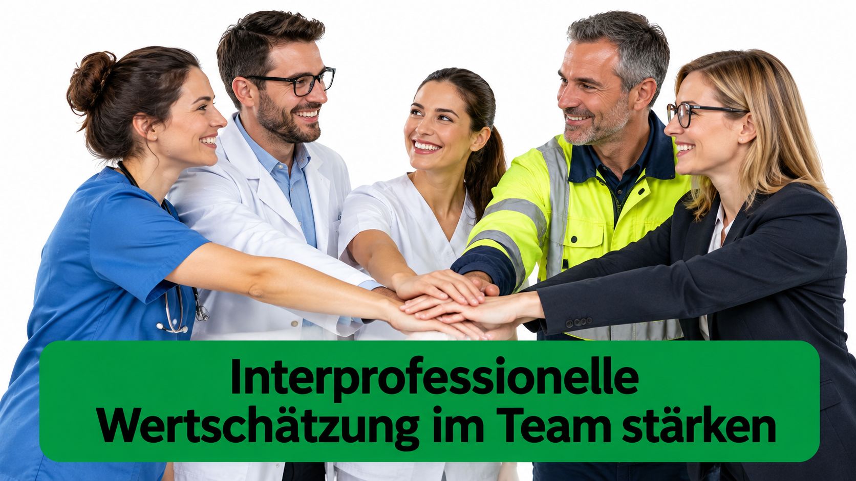 Ein diverses Team aus Fachkräften aus Medizin, Handwerk und Büro legt gemeinsam die Hände aufeinander.