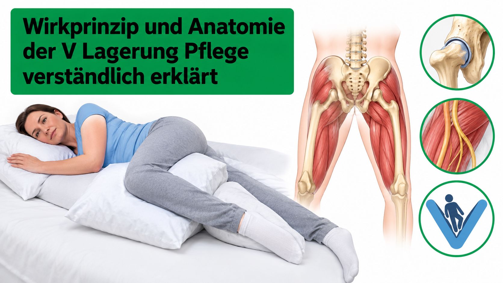 Eine Frau in V-Lagerung zur Druckentlastung mit anatomischen Darstellungen des Hüftgelenks, der Nervenbahnen und des Lagerungsprinzips.