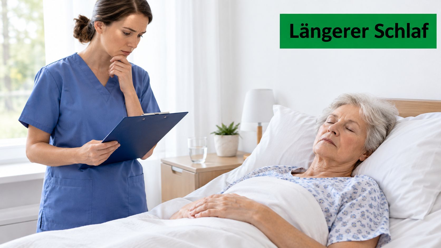 Eine Krankenschwester schaut besorgt auf ein Klemmbrett, während eine ältere Frau in einem Krankenhausbett schläft.