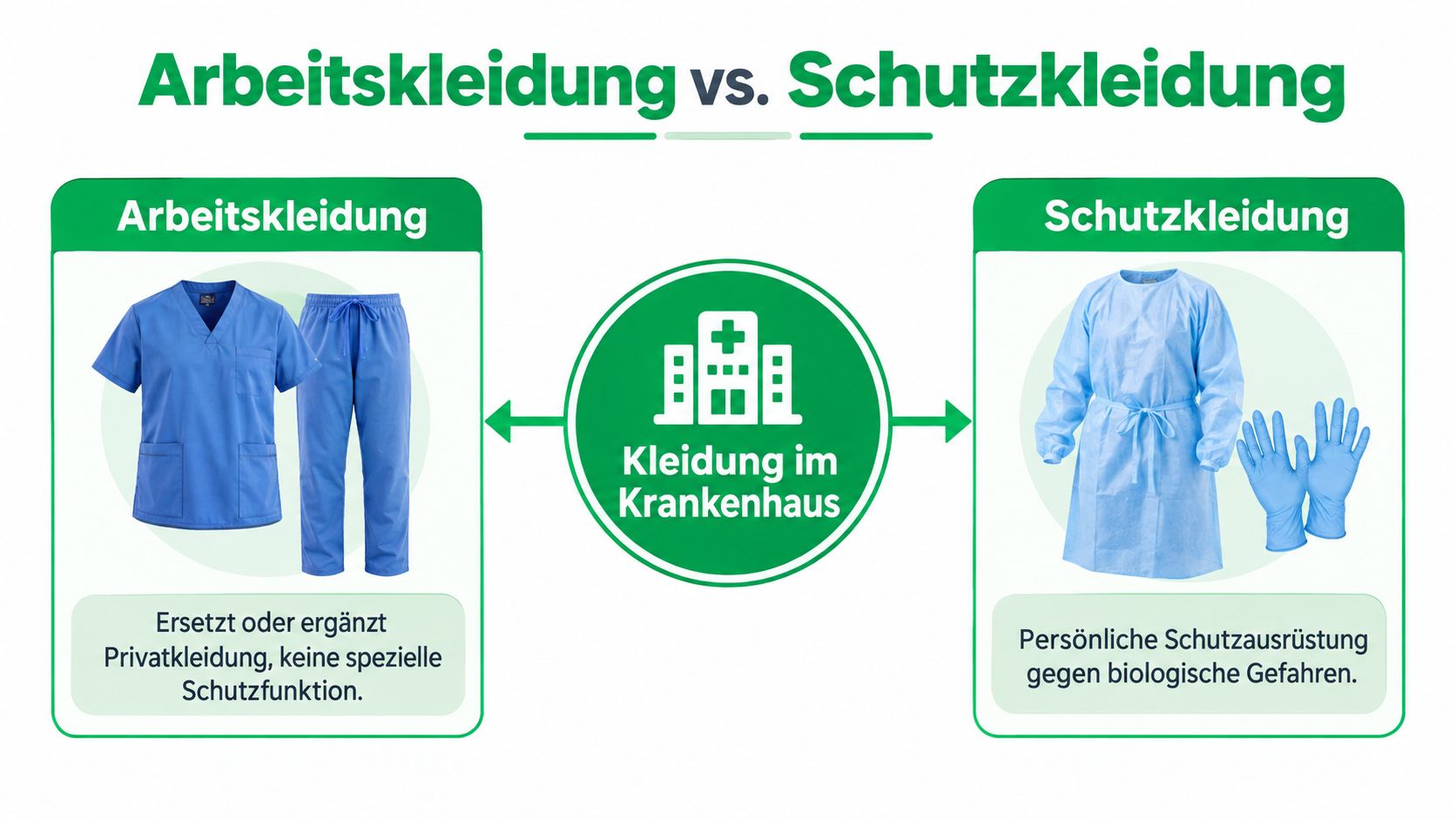 Vergleichsgrafik zwischen Arbeitskleidung und Schutzkleidung für medizinisches Personal im Krankenhaus mit Erklärungen zu den Funktionen.